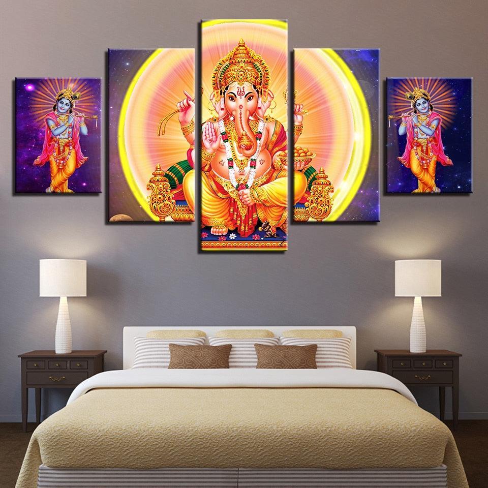 Lord Ganesha And Krishna 5 Piece HD Multi Panel Canvas Wall Art Frame-Original Frame