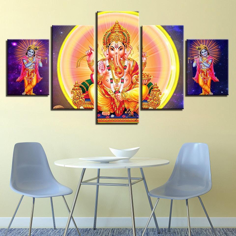 Lord Ganesha And Krishna 5 Piece HD Multi Panel Canvas Wall Art Frame-Original Frame