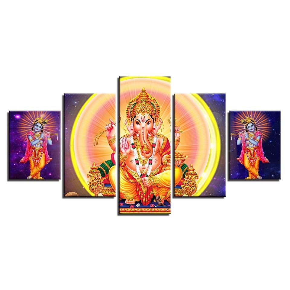 Lord Ganesha And Krishna 5 Piece HD Multi Panel Canvas Wall Art Frame-Original Frame