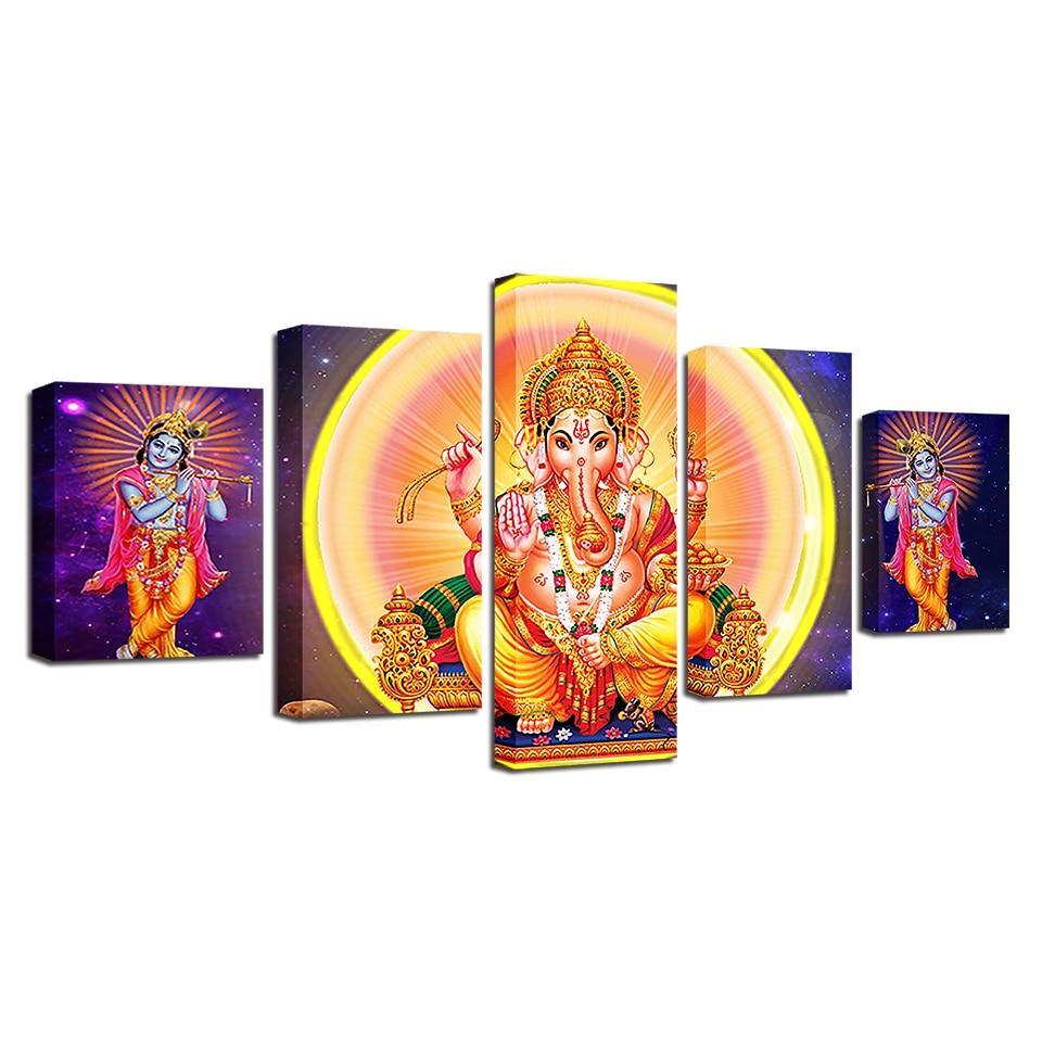 Lord Ganesha And Krishna 5 Piece HD Multi Panel Canvas Wall Art Frame-Original Frame