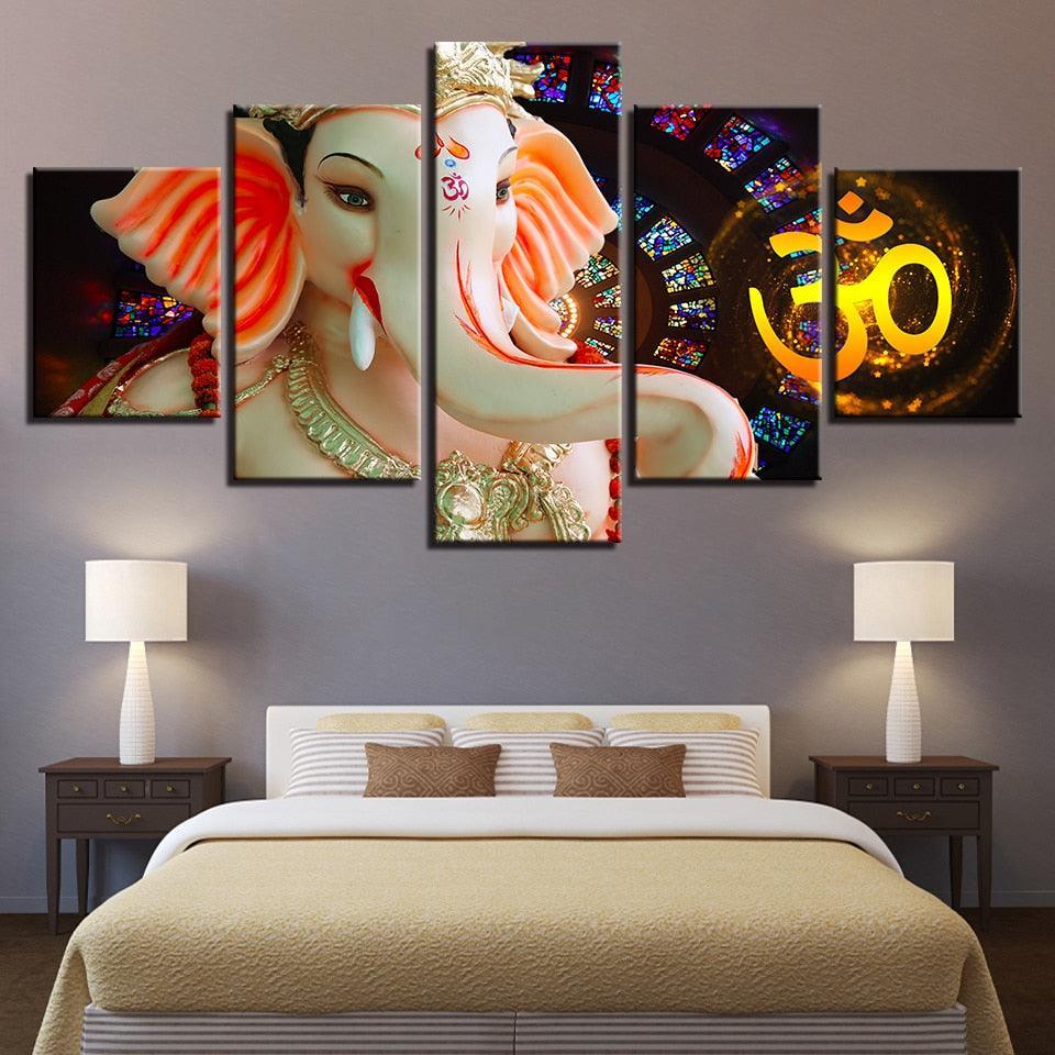 Lord Ganesha Water Proof 5 Piece HD Multi Panel Canvas Wall Art Frame-Original Frame