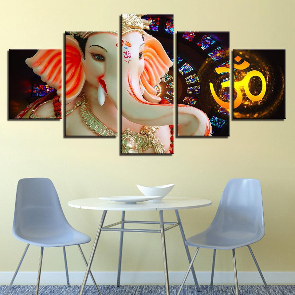 Lord Ganesha Water Proof 5 Piece HD Multi Panel Canvas Wall Art Frame-Original Frame