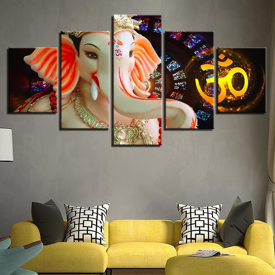 Lord Ganesha Water Proof 5 Piece HD Multi Panel Canvas Wall Art Frame-Original Frame