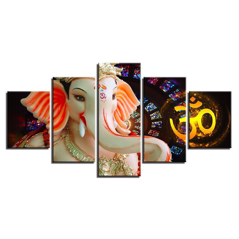 Lord Ganesha Water Proof 5 Piece HD Multi Panel Canvas Wall Art Frame-Original Frame