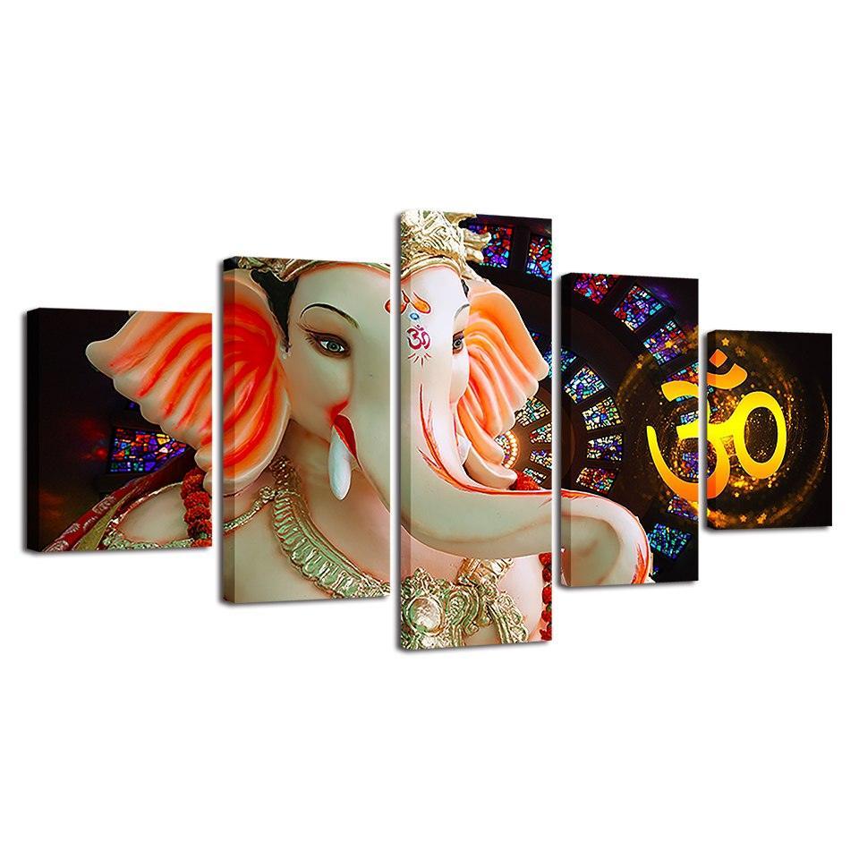 Lord Ganesha Water Proof 5 Piece HD Multi Panel Canvas Wall Art Frame-Original Frame