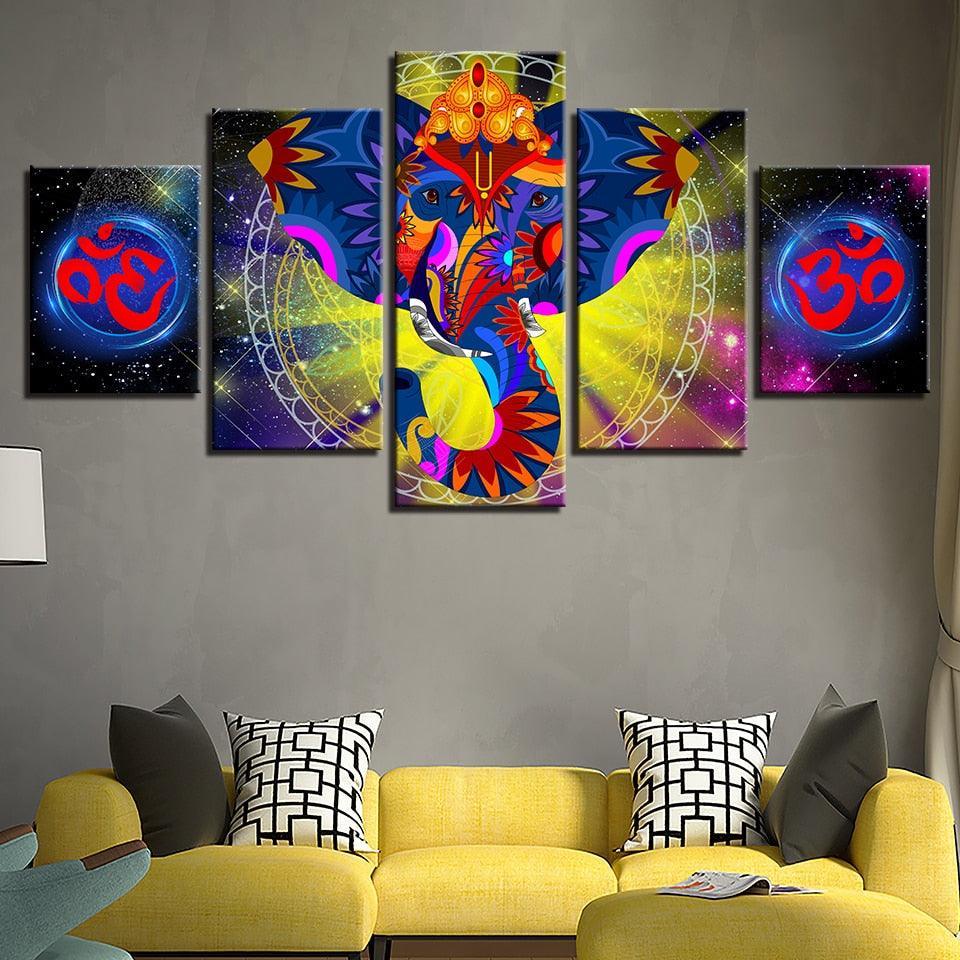 India Elephant Ganesha 5 Piece HD Multi Panel Canvas Wall Art Frame-Original Frame
