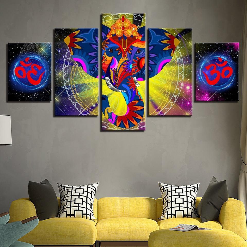 India Elephant Ganesha 5 Piece HD Multi Panel Canvas Wall Art Frame-Original Frame