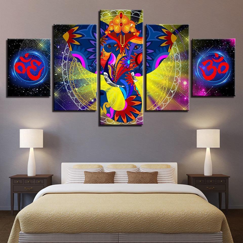 India Elephant Ganesha 5 Piece HD Multi Panel Canvas Wall Art Frame-Original Frame