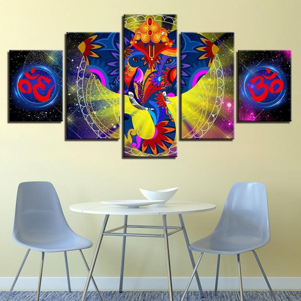 India Elephant Ganesha 5 Piece HD Multi Panel Canvas Wall Art Frame-Original Frame