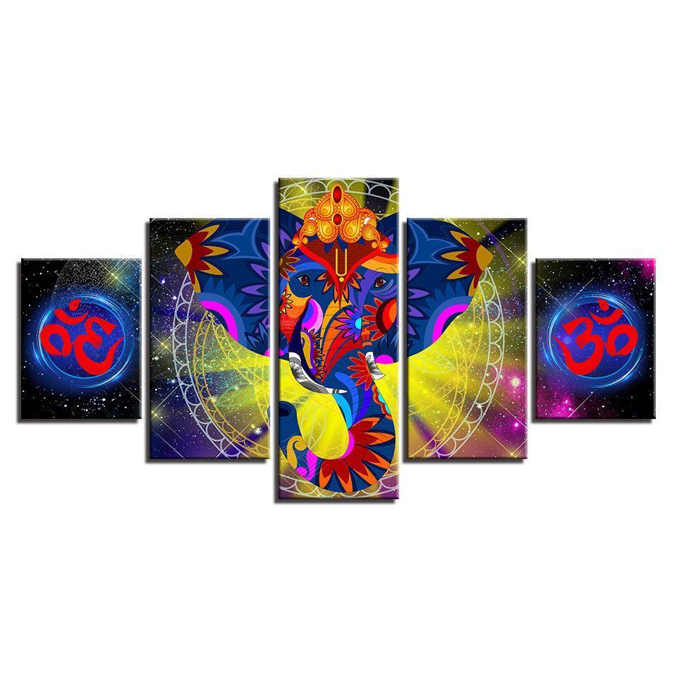 India Elephant Ganesha 5 Piece HD Multi Panel Canvas Wall Art Frame-Original Frame