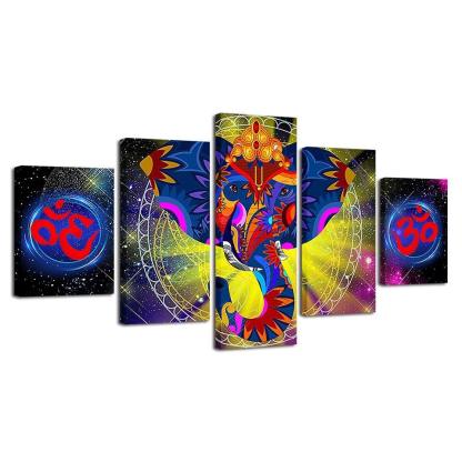 India Elephant Ganesha 5 Piece HD Multi Panel Canvas Wall Art Frame-Original Frame