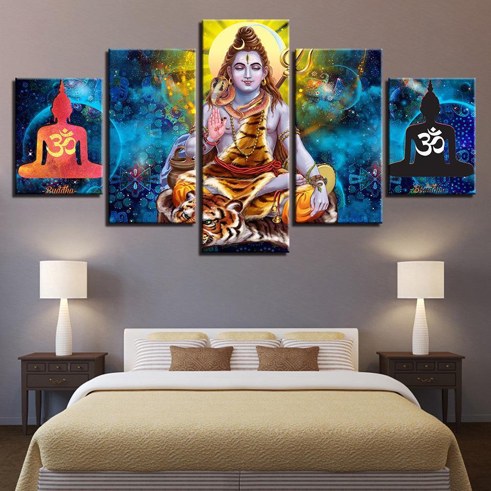 Hindu Lord Shiva 5 Piece HD Multi Panel Canvas Wall Art Frame-Original Frame