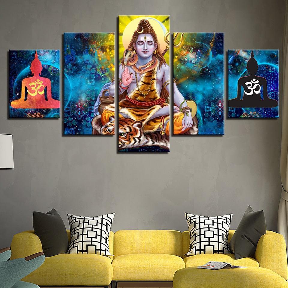 Hindu Lord Shiva 5 Piece HD Multi Panel Canvas Wall Art Frame-Original Frame
