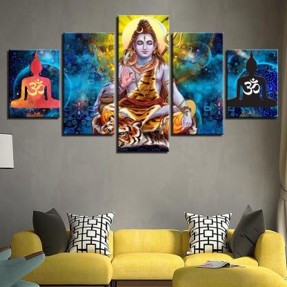 Hindu Lord Shiva 5 Piece HD Multi Panel Canvas Wall Art Frame-Original Frame