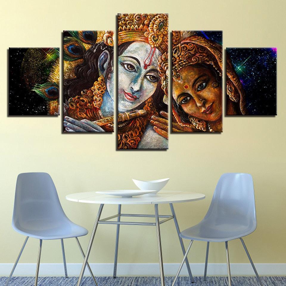 Radha and Krishna 5 Piece HD Multi Panel Canvas Wall Art Frame-Original Frame