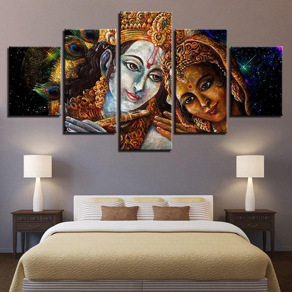 Radha and Krishna 5 Piece HD Multi Panel Canvas Wall Art Frame-Original Frame