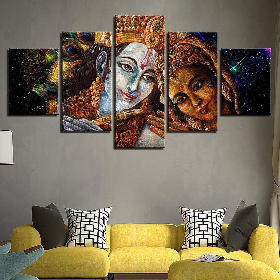 Radha and Krishna 5 Piece HD Multi Panel Canvas Wall Art Frame-Original Frame