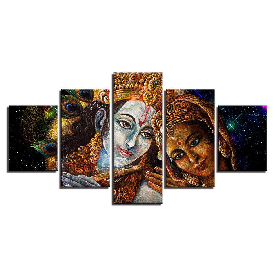 Radha and Krishna 5 Piece HD Multi Panel Canvas Wall Art Frame-Original Frame