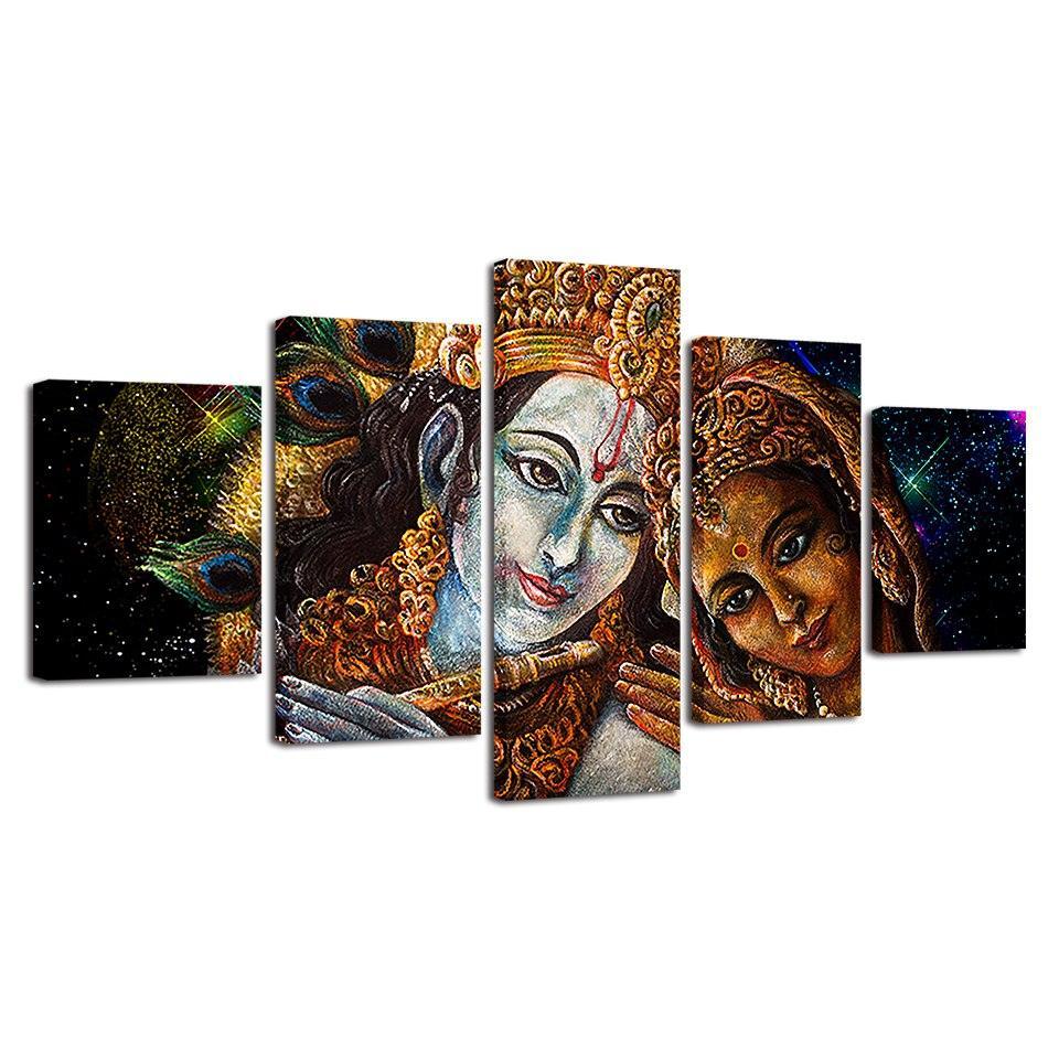 Radha and Krishna 5 Piece HD Multi Panel Canvas Wall Art Frame-Original Frame