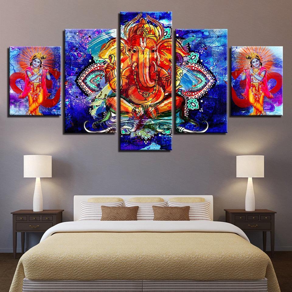 Classical Lord Ganesha And Krishna 5 Piece HD Multi Panel Canvas Wall Art Frame-Original Frame