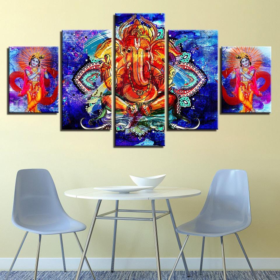 Classical Lord Ganesha And Krishna 5 Piece HD Multi Panel Canvas Wall Art Frame-Original Frame
