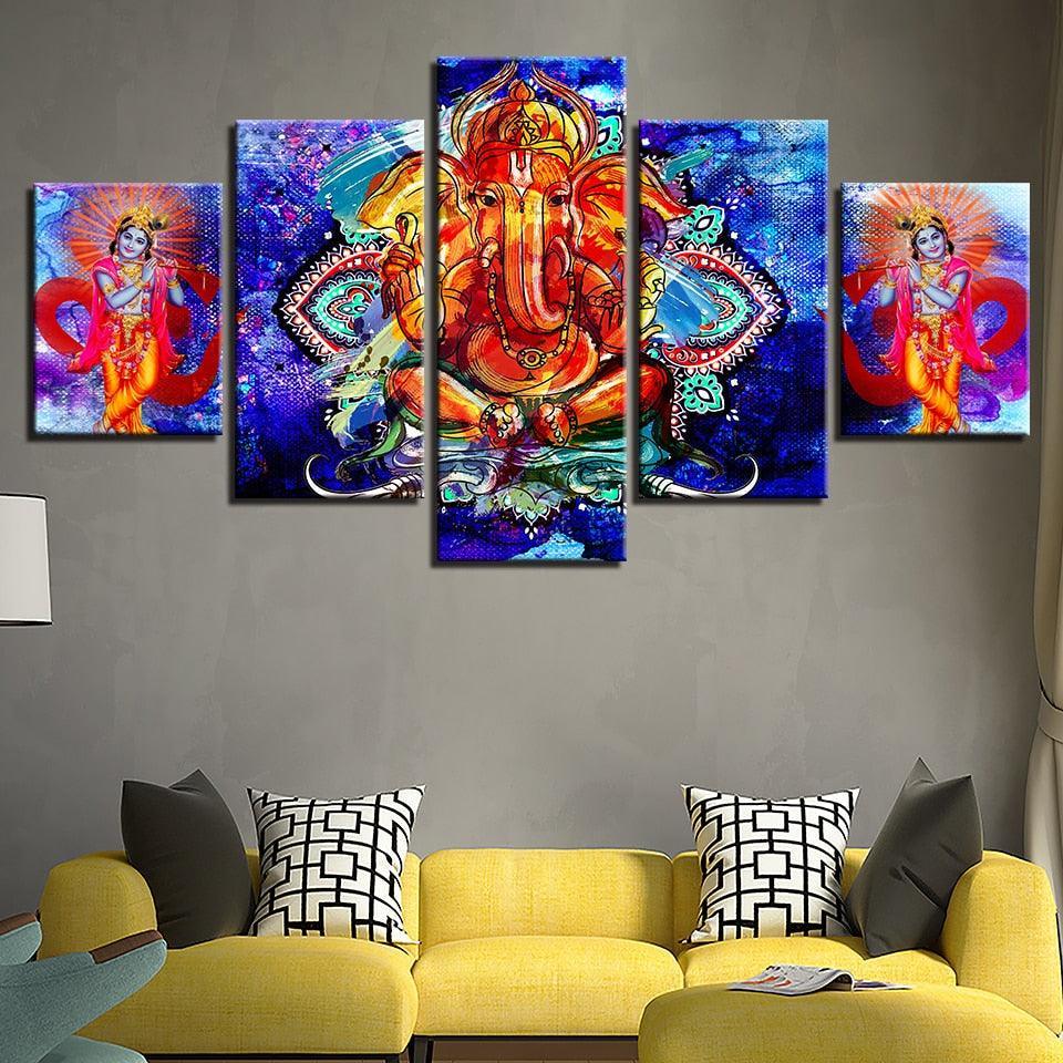 Classical Lord Ganesha And Krishna 5 Piece HD Multi Panel Canvas Wall Art Frame-Original Frame
