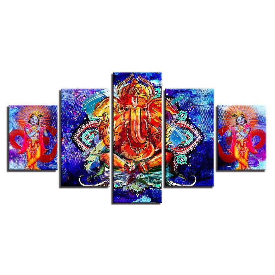 Classical Lord Ganesha And Krishna 5 Piece HD Multi Panel Canvas Wall Art Frame-Original Frame