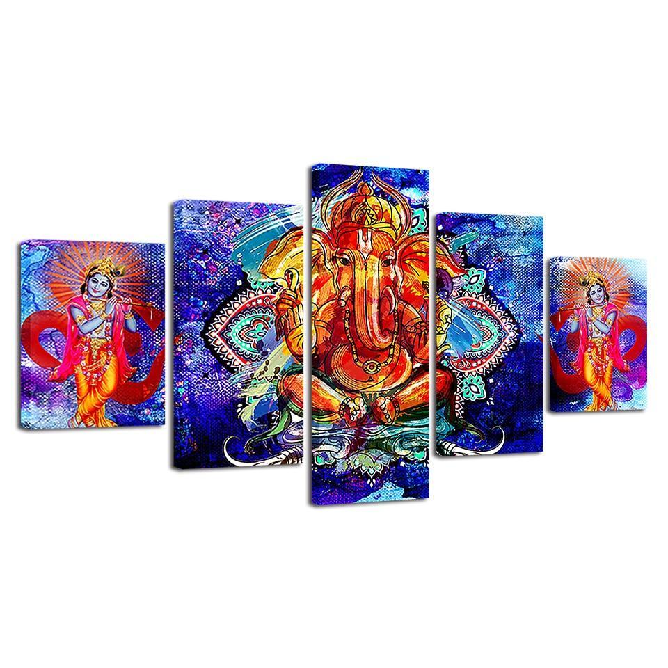 Classical Lord Ganesha And Krishna 5 Piece HD Multi Panel Canvas Wall Art Frame-Original Frame