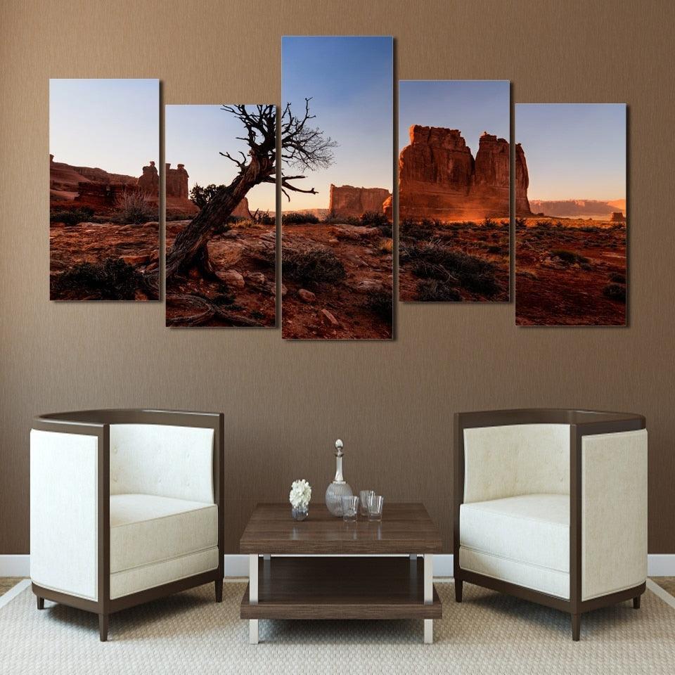 Tree Desert Scenery 5 Piece HD Multi Panel Canvas Wall Art Frame-Original Frame
