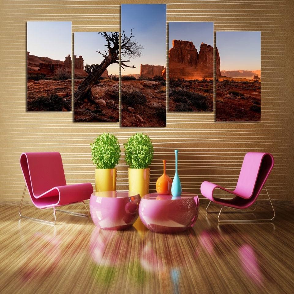 Tree Desert Scenery 5 Piece HD Multi Panel Canvas Wall Art Frame-Original Frame