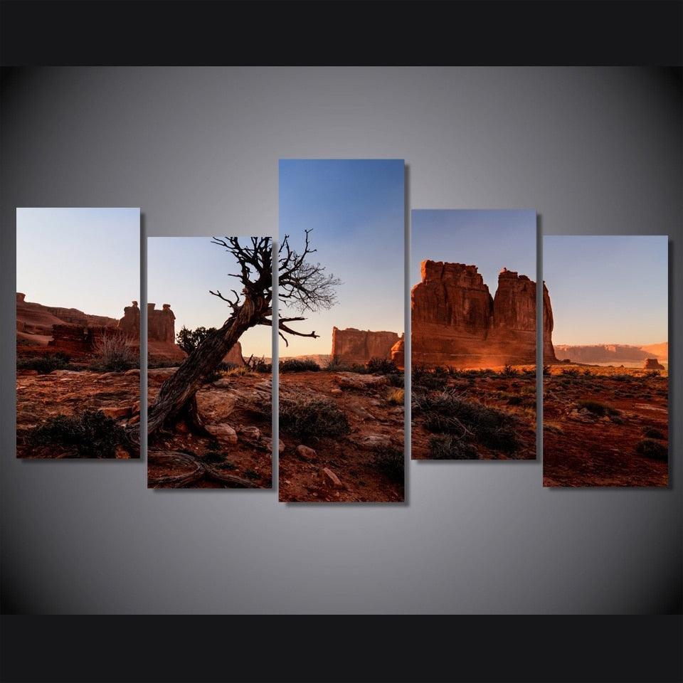 Tree Desert Scenery 5 Piece HD Multi Panel Canvas Wall Art Frame-Original Frame