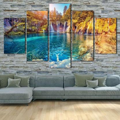 Waterfalls And Green Hills 5 Piece HD Multi Panel Canvas Wall Art Frame-Original Frame