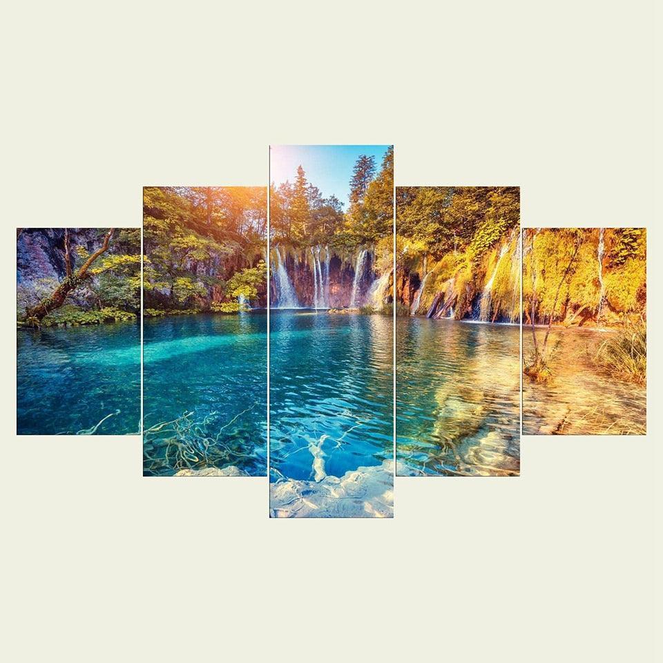 Waterfalls And Green Hills 5 Piece HD Multi Panel Canvas Wall Art Frame-Original Frame