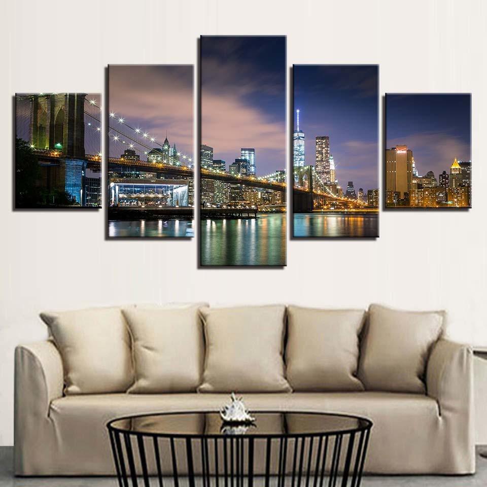 Scenic City Nightview 5 Piece HD Multi Panel Canvas Wall Art Frame-Original Frame