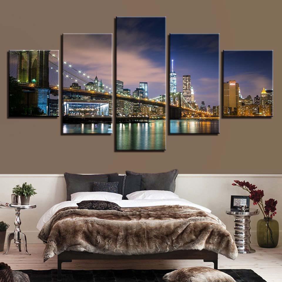 Scenic City Nightview 5 Piece HD Multi Panel Canvas Wall Art Frame-Original Frame