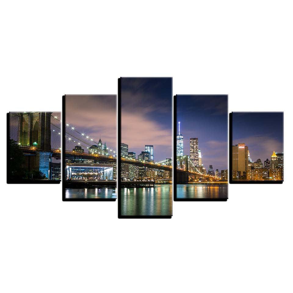 Scenic City Nightview 5 Piece HD Multi Panel Canvas Wall Art Frame-Original Frame