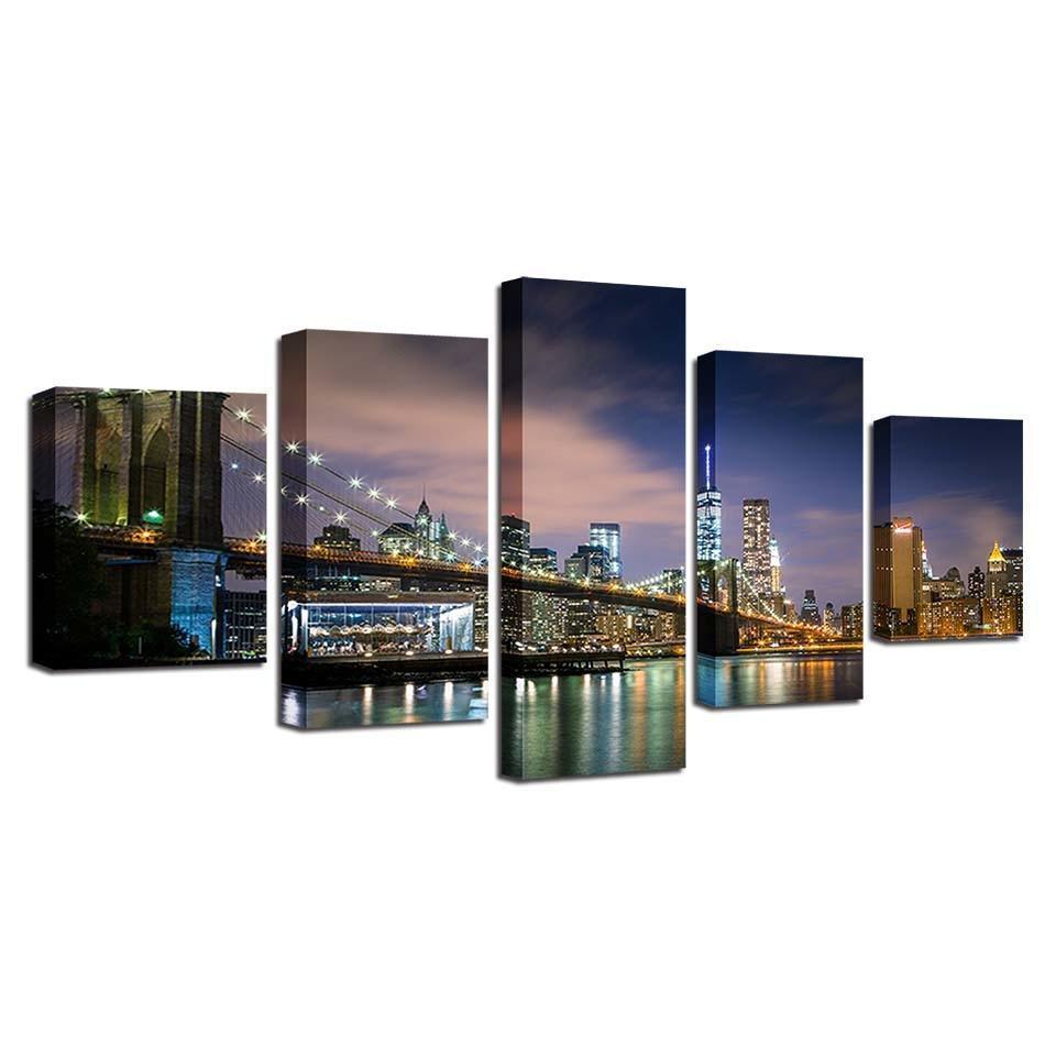 Scenic City Nightview 5 Piece HD Multi Panel Canvas Wall Art Frame-Original Frame