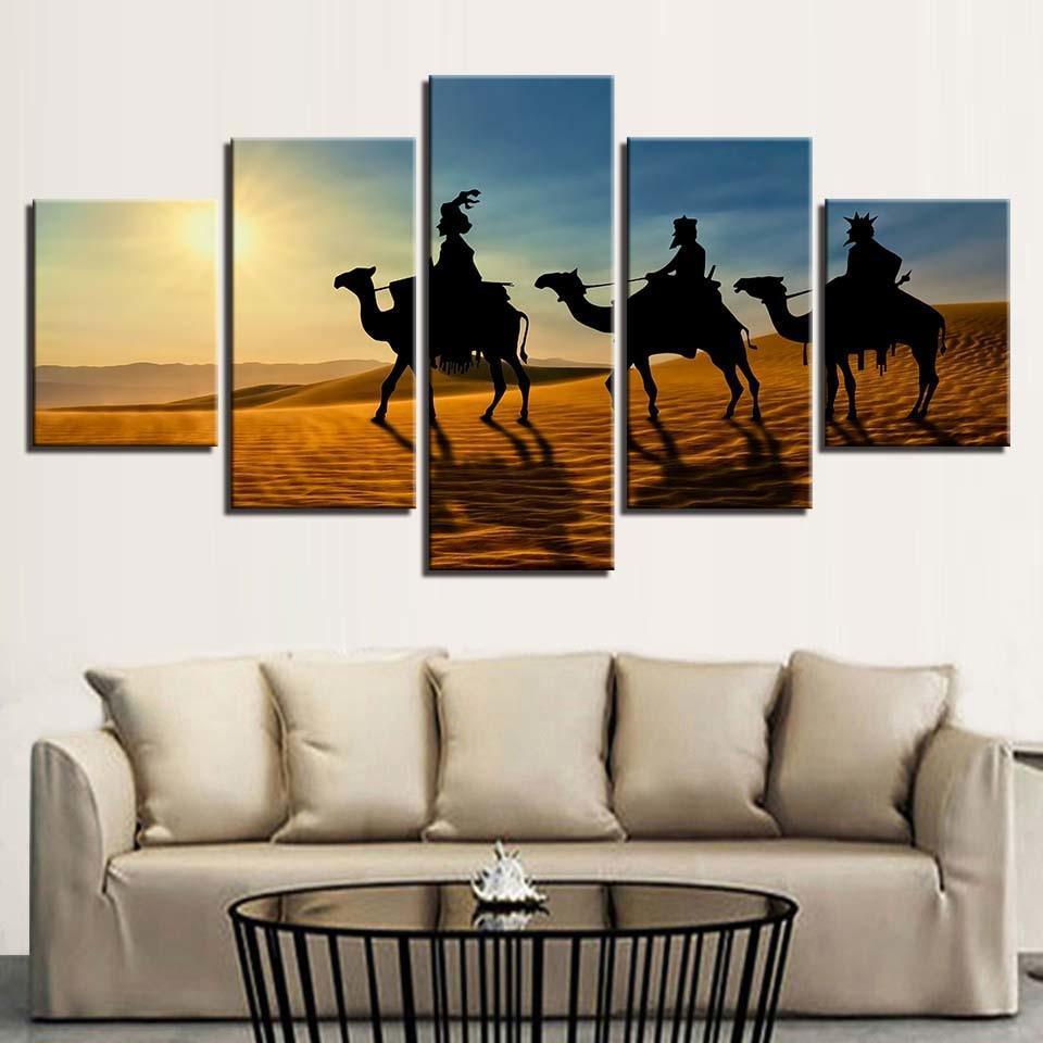 Camel Sunshine Desert 5 Piece HD Multi Panel Canvas Wall Art Frame-Original Frame