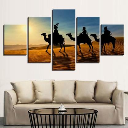 Camel Sunshine Desert 5 Piece HD Multi Panel Canvas Wall Art Frame-Original Frame