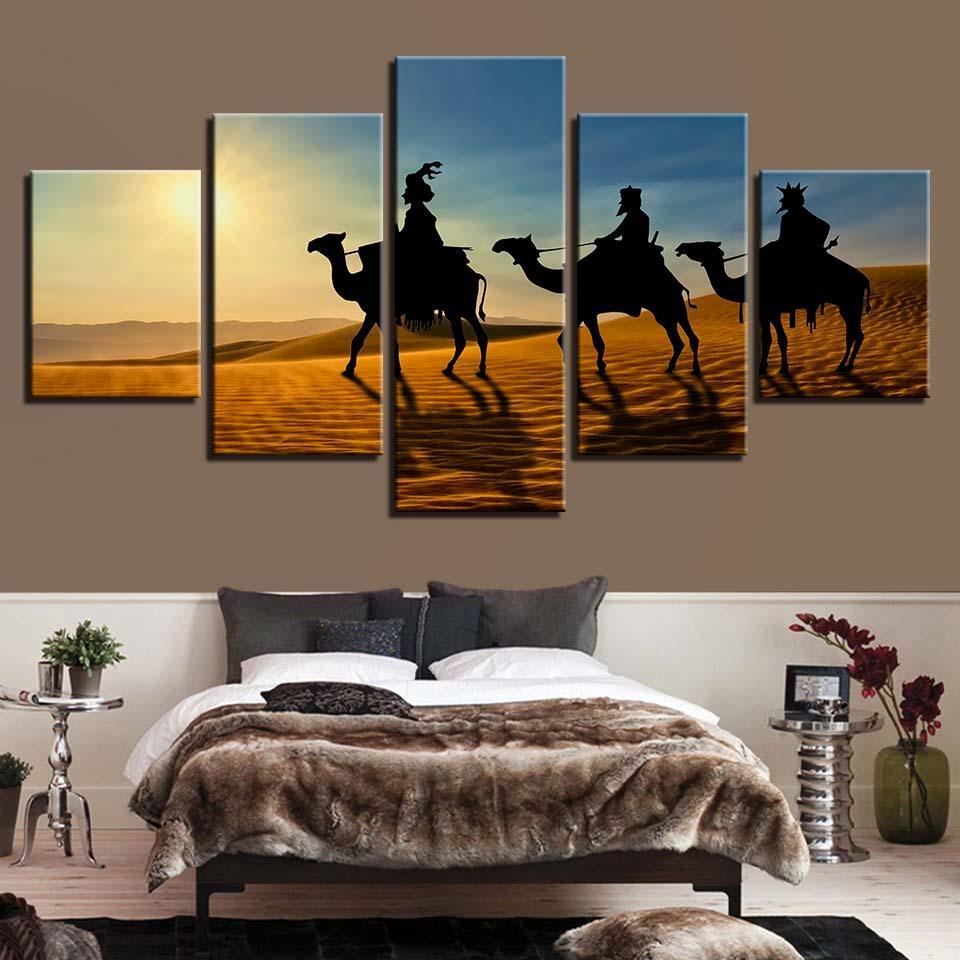 Camel Sunshine Desert 5 Piece HD Multi Panel Canvas Wall Art Frame-Original Frame