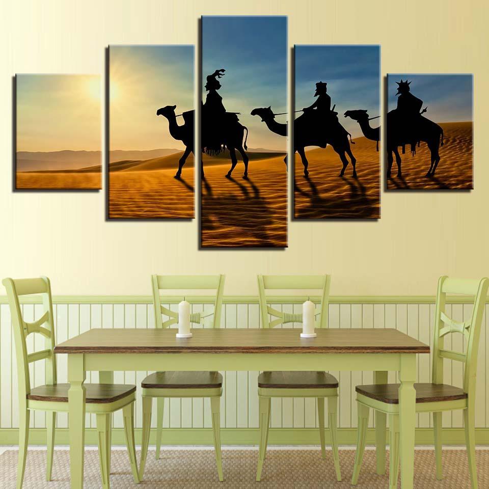 Camel Sunshine Desert 5 Piece HD Multi Panel Canvas Wall Art Frame-Original Frame