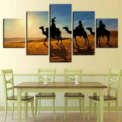 Camel Sunshine Desert 5 Piece HD Multi Panel Canvas Wall Art Frame-Original Frame