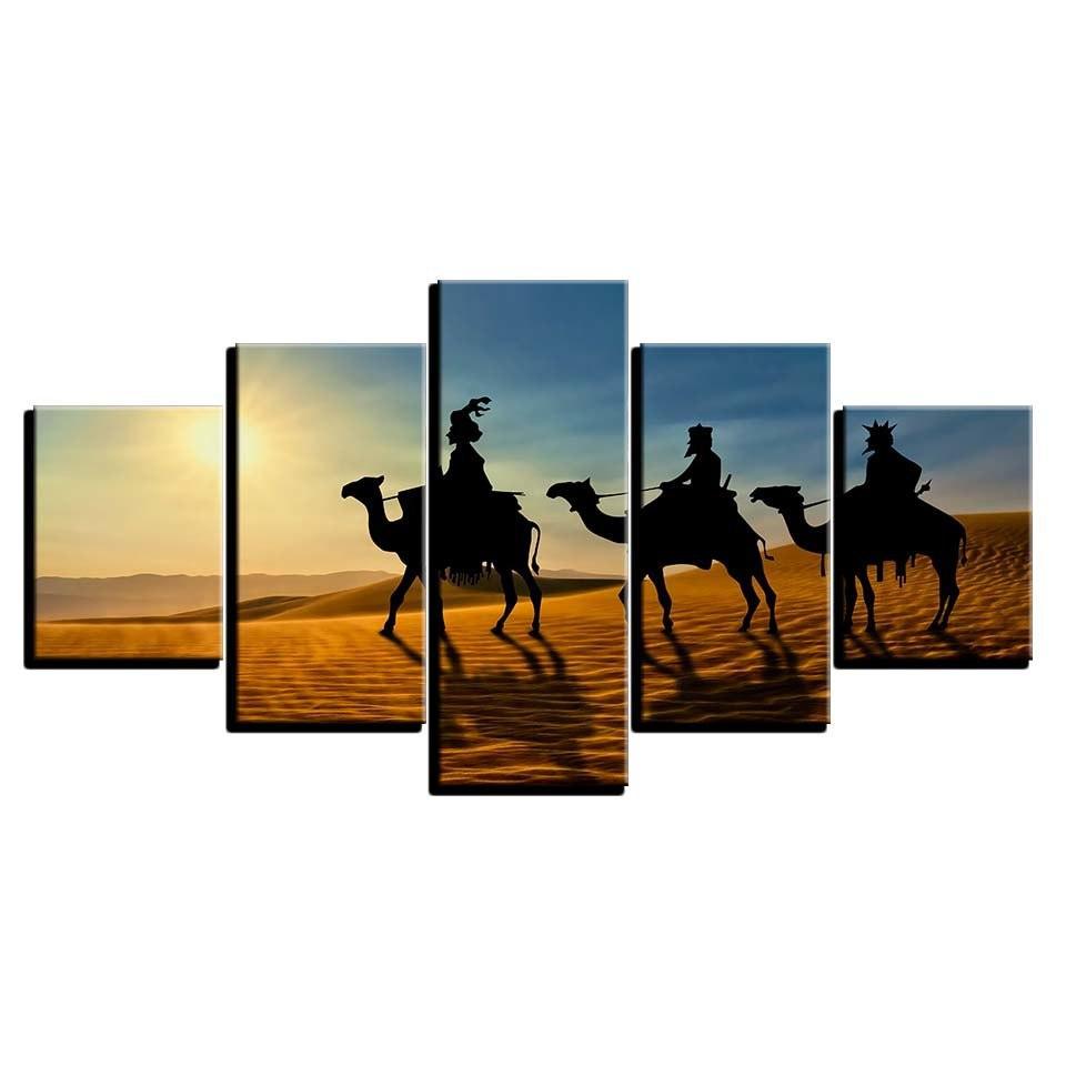 Camel Sunshine Desert 5 Piece HD Multi Panel Canvas Wall Art Frame-Original Frame