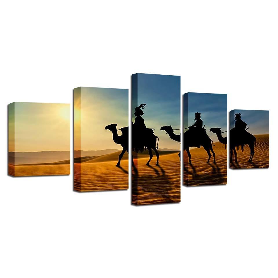 Camel Sunshine Desert 5 Piece HD Multi Panel Canvas Wall Art Frame-Original Frame