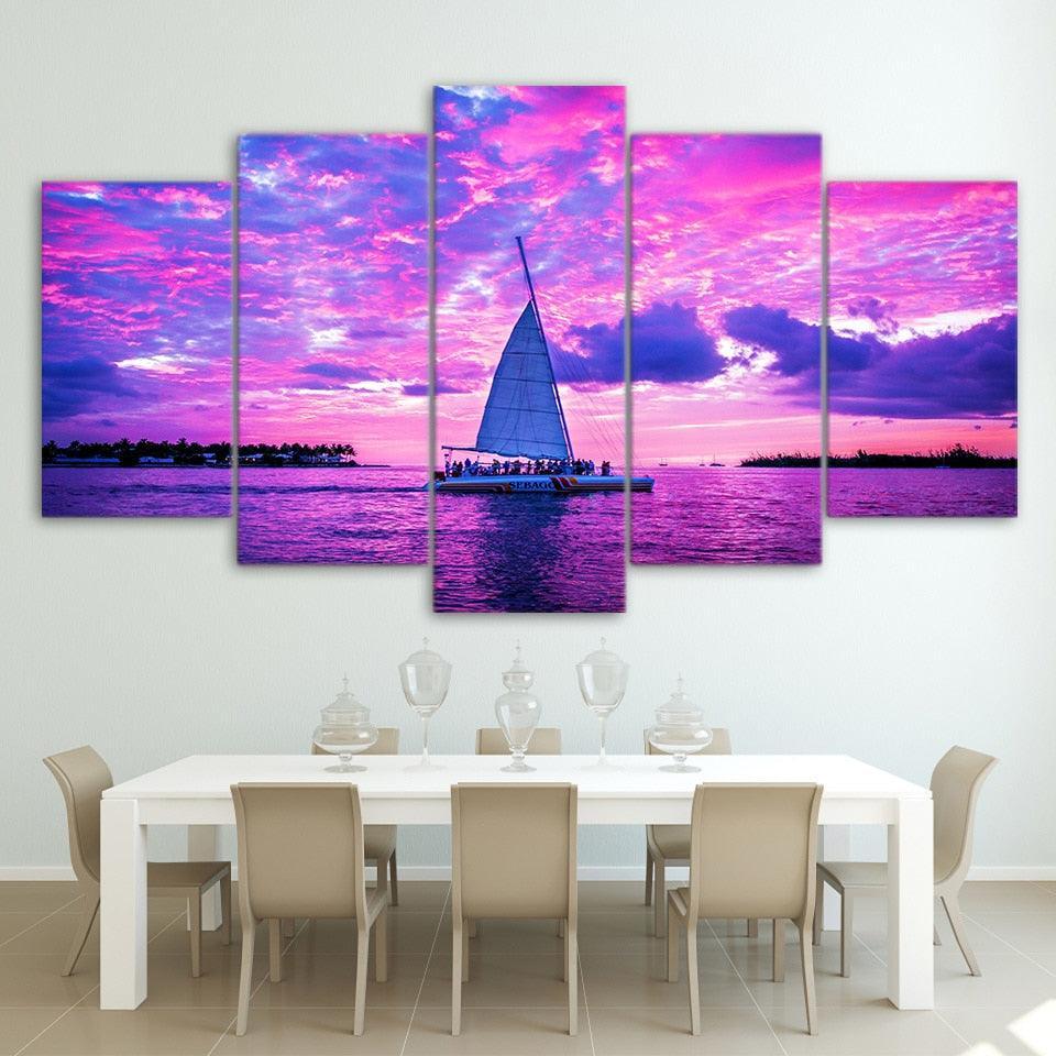 Boat On Pink Ocean 5 Piece HD Multi Panel Canvas Wall Art Frame-Original Frame