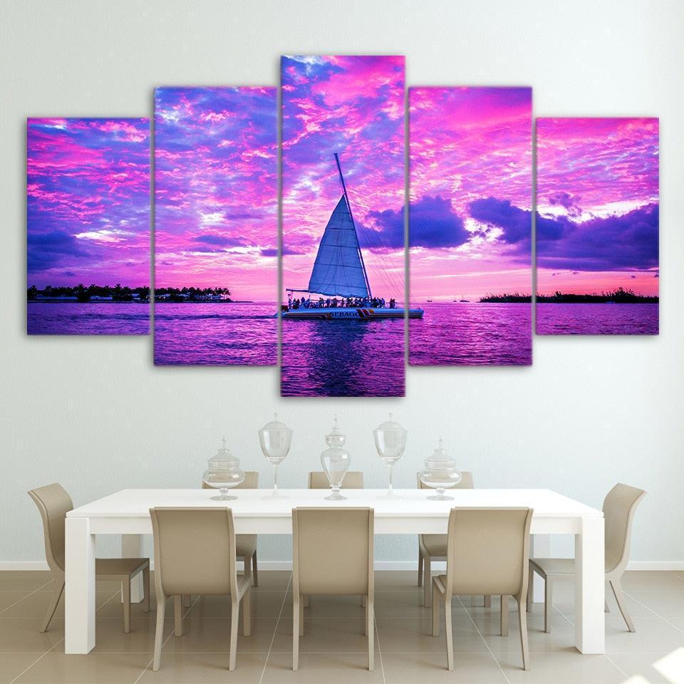 Boat On Pink Ocean 5 Piece HD Multi Panel Canvas Wall Art Frame-Original Frame