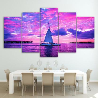Boat On Pink Ocean 5 Piece HD Multi Panel Canvas Wall Art Frame-Original Frame
