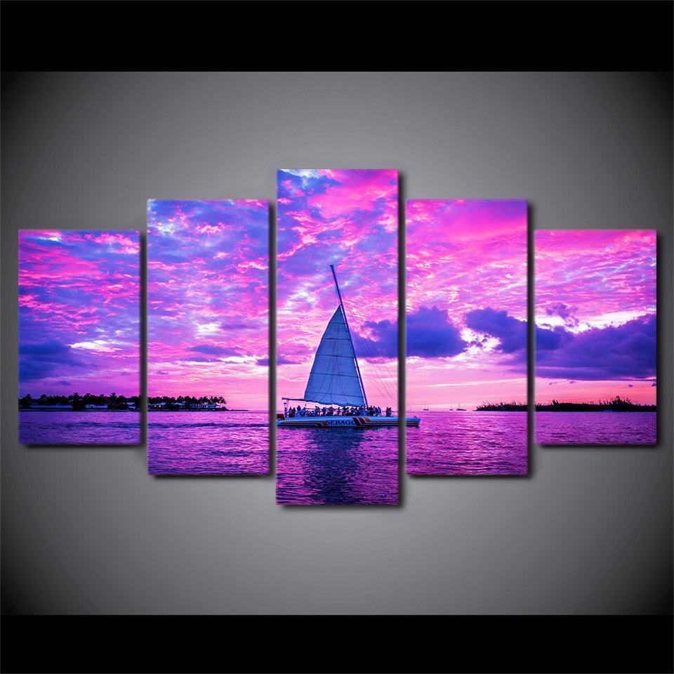 Boat On Pink Ocean 5 Piece HD Multi Panel Canvas Wall Art Frame-Original Frame