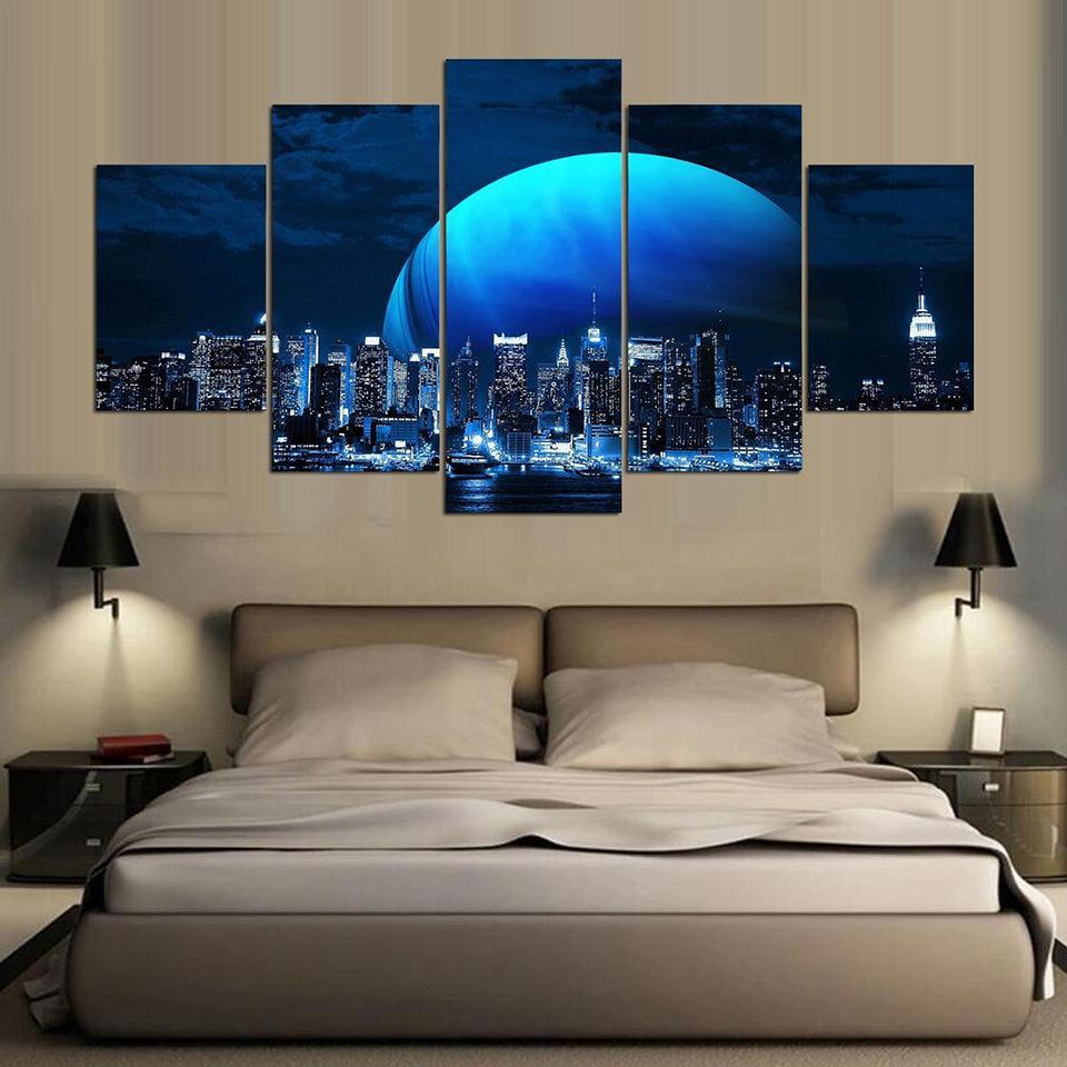 Moon And Skyline 5 Piece HD Multi Panel Canvas Wall Art Frame-Original Frame