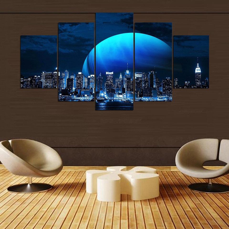 Moon And Skyline 5 Piece HD Multi Panel Canvas Wall Art Frame-Original Frame
